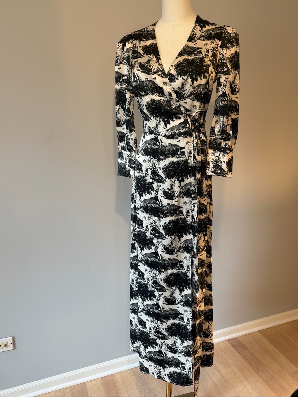 Reformation Silk Black and White Printed Wrap Maxi Dress